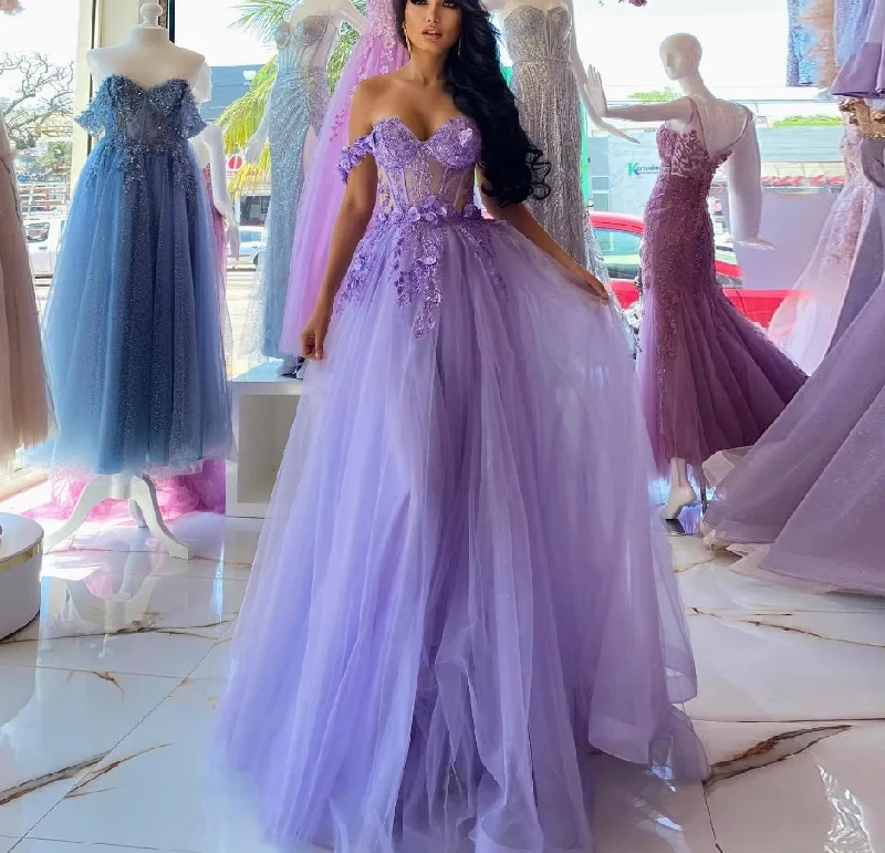 Chic Styles Elegant Ensemble Light Purple A Line Prom Dresses Off The Shoulder Appliques Lace Flower Women Formal Evening Party Dress Birthday Gowns