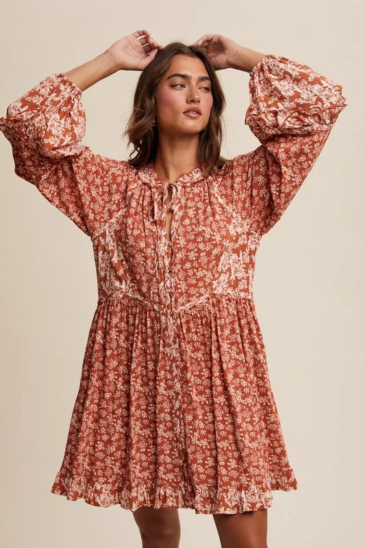 Top Brand Discounts Feminine Soft - Hued Look Becky Floral Print Tie Front Long Sleeve Ruffle Dress