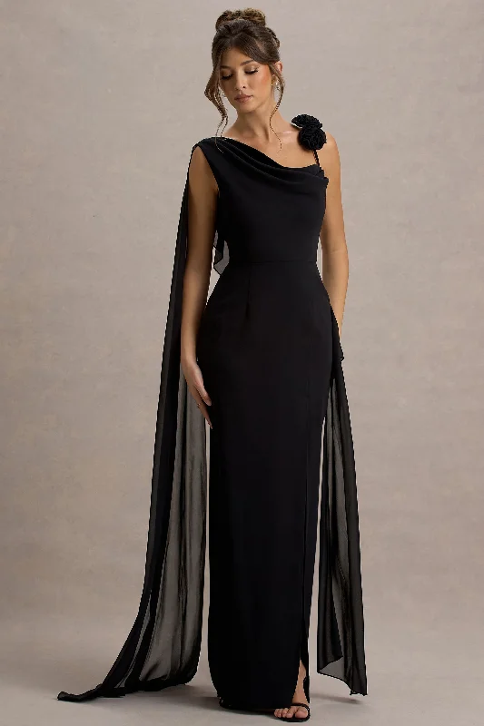 You'Ll Love Us Because Refined Simplicity Angeline | Black Chiffon Draped Split Maxi Dress With Corsages