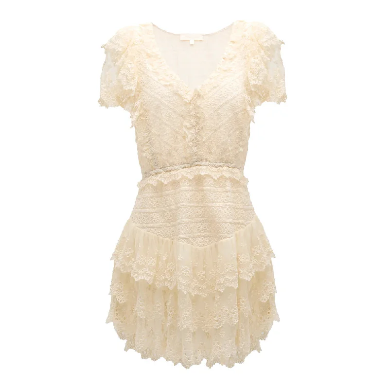 Sustainable Fashion Extravaganza Bold Silhouette Loveshackfancy Women's Cerilo Tiered Ruffle Embroidered Lace Mini Dress, Cream