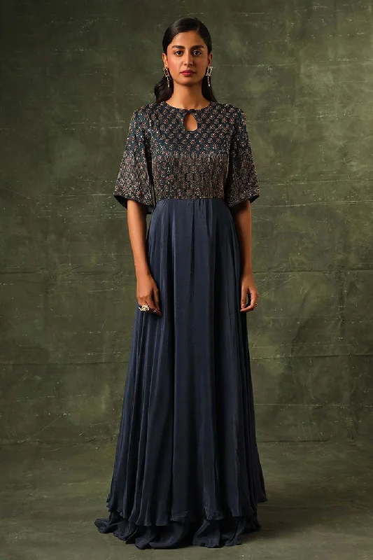 Quick Grab Deals Feminine Soft - Hued Look Blue Ajrakh Embroidered A-Line Gown