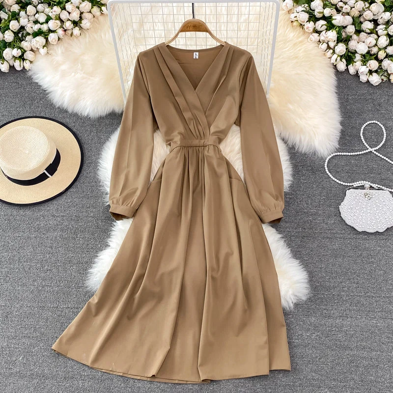 Snag Fabulous Fashion Bargains Y2K Nostalgic Fashion Look Simple V Neck Long Sleeve Dress Fashion Dress  10874