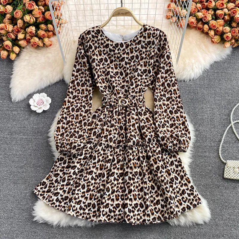 Budget Saver Feminine Grace Ruffled round neck long sleeve Leopard Dress  3375