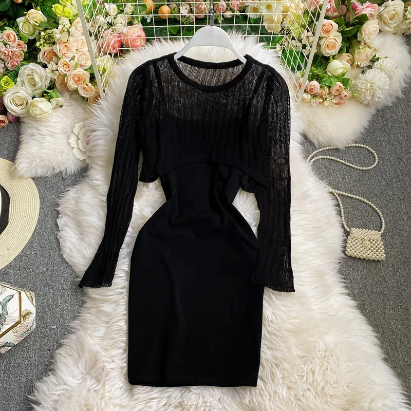 Limited Stock, Big Sale Minimalist Chic Long sleeved Knitted Blouse hip strap dress  2764