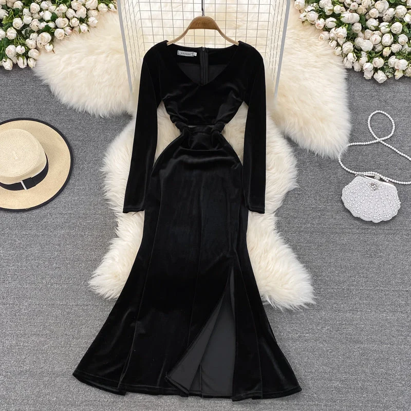 Unleash Your Style Casual Chic Black V Neck Long Sleeve Dress Fashion Dress  10844