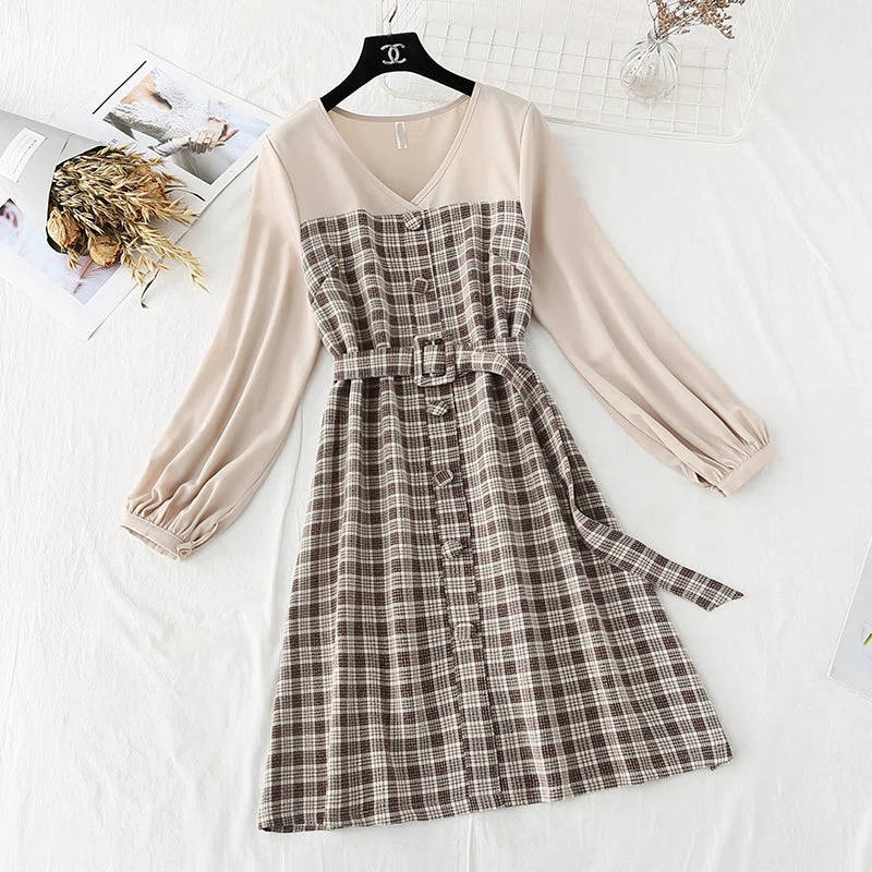 Limited Time Deal Grab Romantic Date - Night Styles Now French Vintage plaid skirt fairy super fairy series long sleeve waist fashion  2301