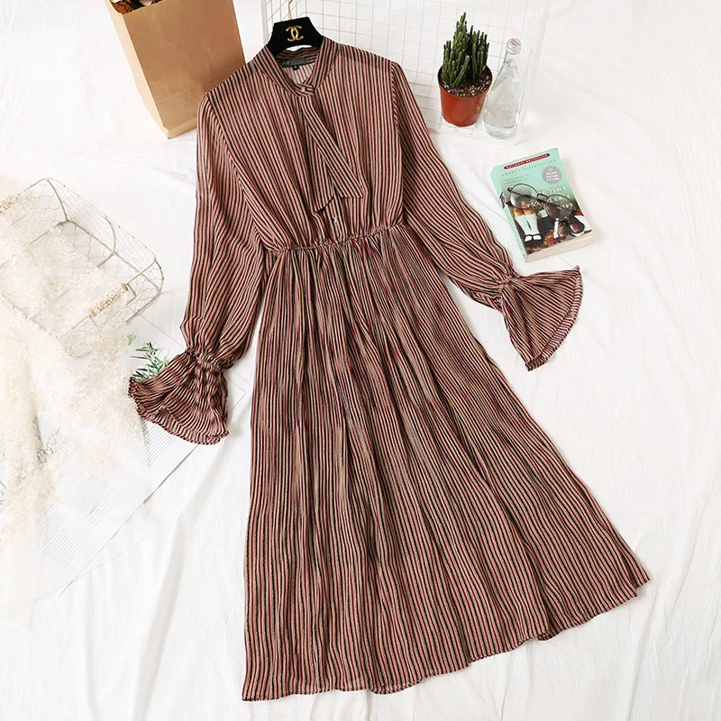 New Season Fashion Preview Charming Silhouette Long sleeve pleated flare sleeve Vintage bow tie chiffon skirt knee length skirt  2452