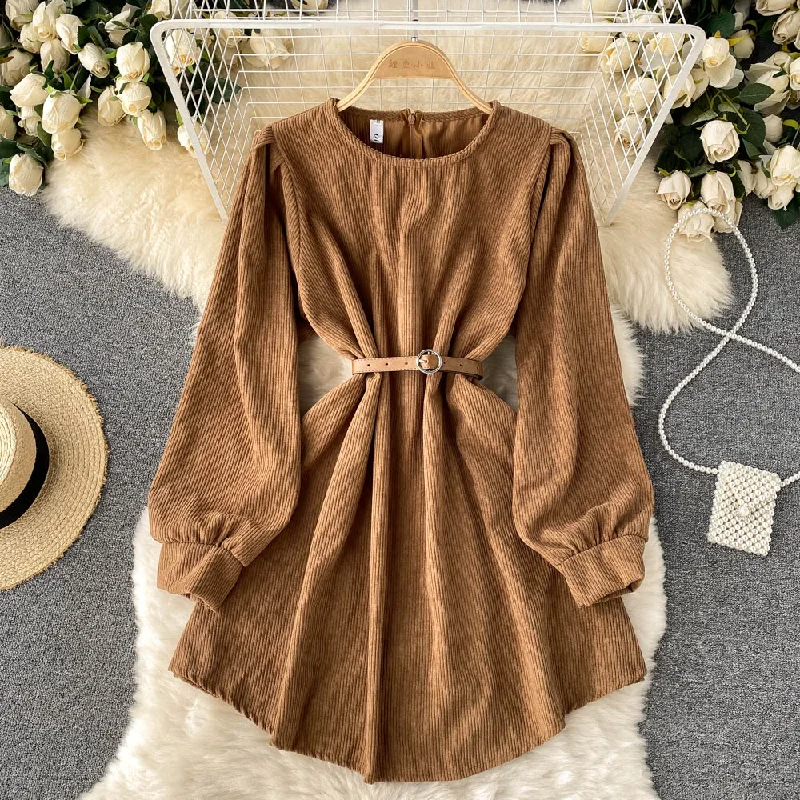 Bid Farewell To The Old Season Cottagecore Rustic Charm Style Simple Corduroy Long Sleeve Dress Fashion Dress  10887