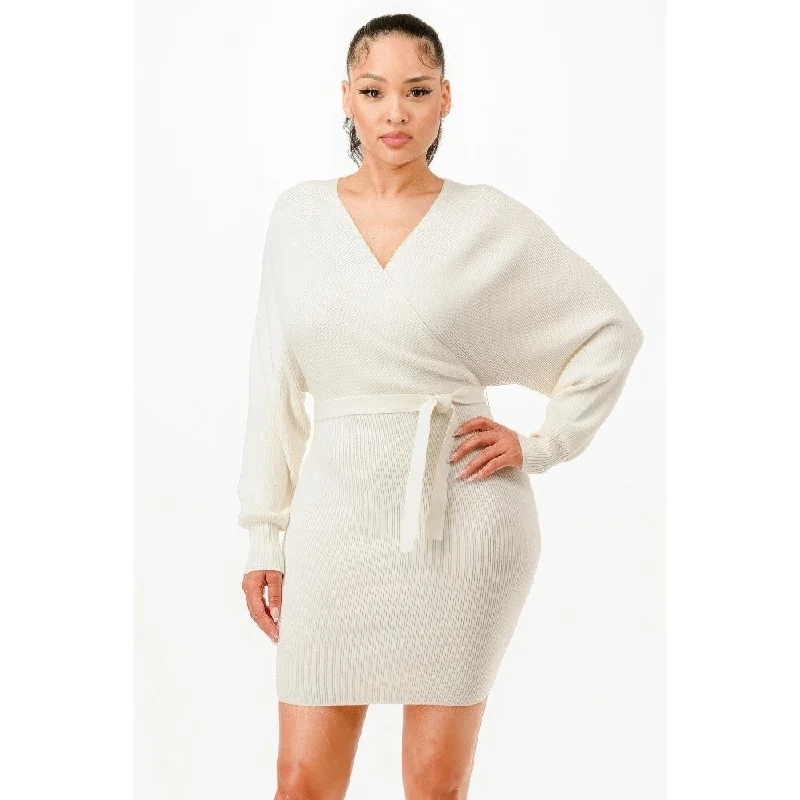 Urban Elegance Deals Artful Design Long Sleeves Off Shoulder Wrap Belted Ribbed Sweater Dress