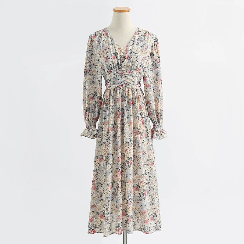 Chic Style, Always In Vogue Contemporary Elegance Long sleeve floral dress long fairy French Vintage Chiffon  2430