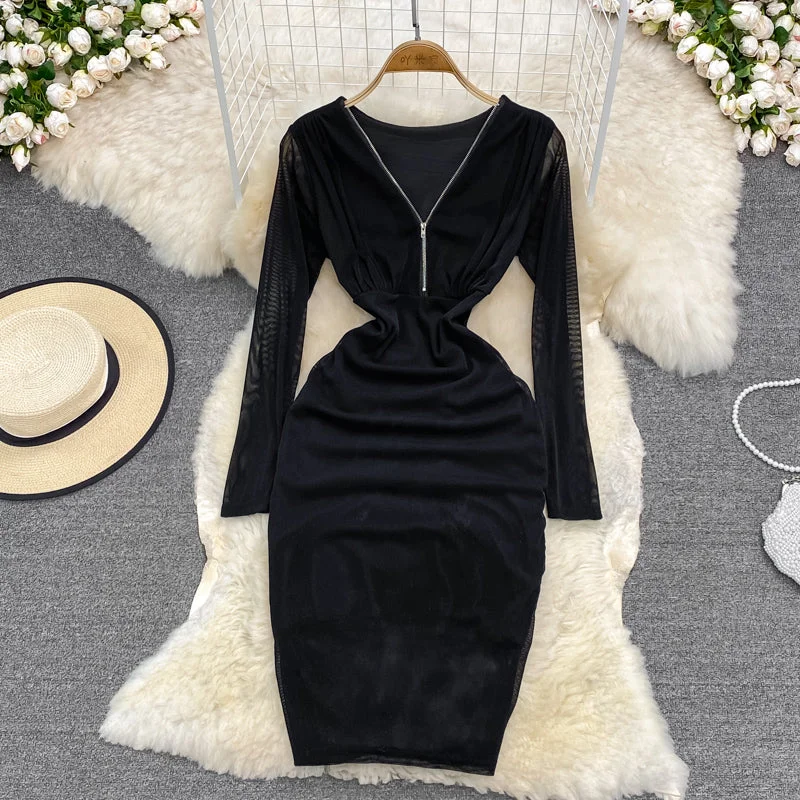 Contemporary Chic Promotions Elegant Details Sexy Hong Kong Style zipper split hip long sleeve V-neck dress  3788