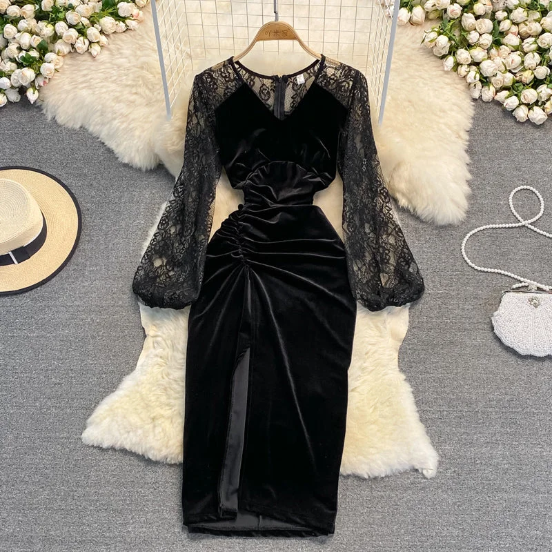 Winter Warehouse Sale Chic Urban Fashion Look Black V Neck Velvet Dress Long Sleeve Dress  10925