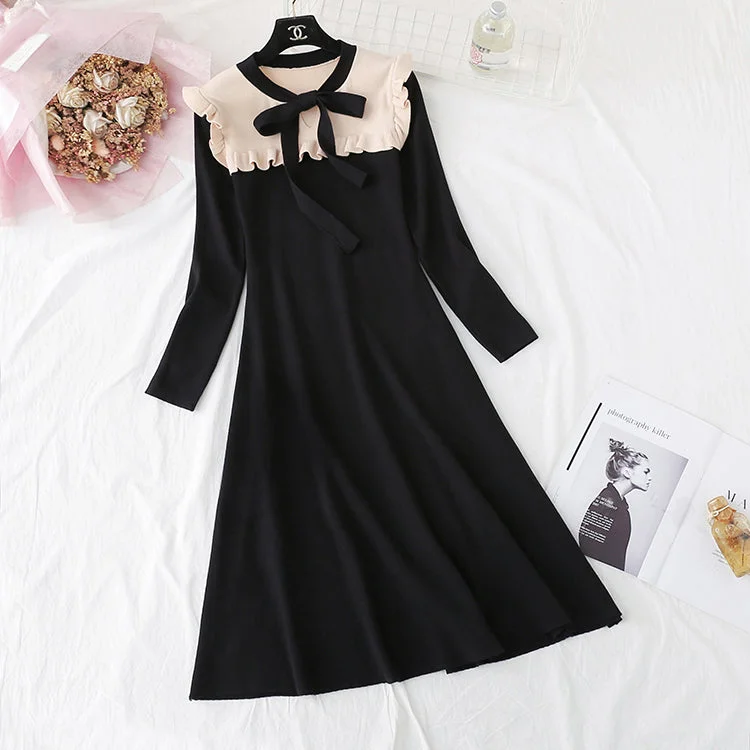 Stylish Statements Romantic Date - Night Ensemble New fashion French retro long sleeve bottomed wool dress  2393