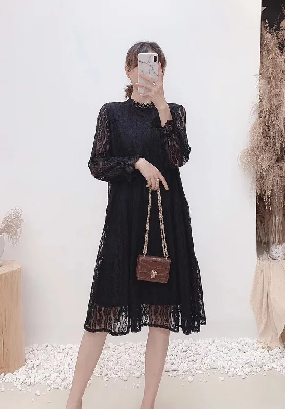 Feminine Style Promotions Contemporary Chic Hollow out lace long sleeve round neck high waist thin Fairy Dress  3872