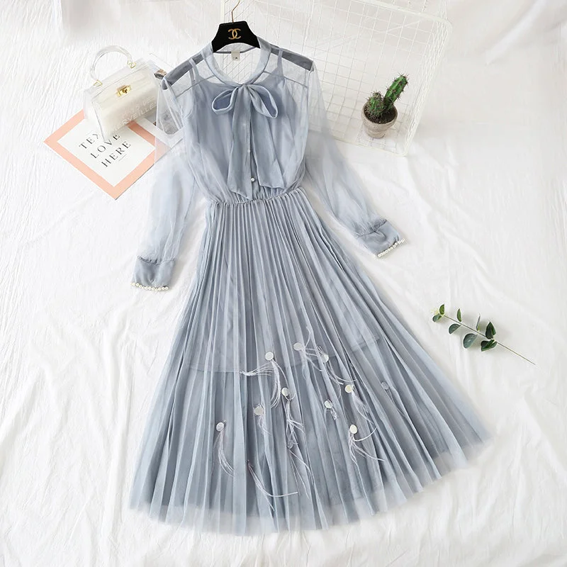 Special Offer Great Deals on Ethnic Cultural Wear Dress feather nail bead long sleeve suspender bottomed skirt French girl long skirt  2286