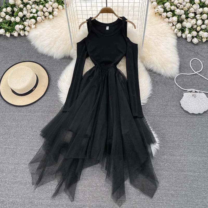 Dive Into Trendy Styles Flash Sale Black Irregular Long Sleeve Off Shoulder Dress Fashion Dress  10872