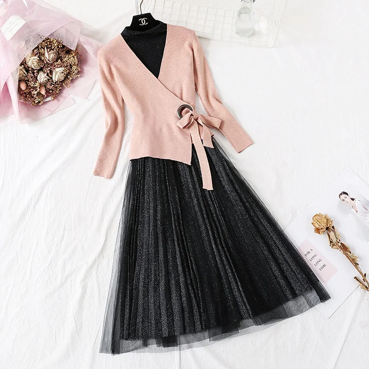 Effortless Style, Endless Impact Chic Urban Fashion Look New long sleeve top pleated yarn skirt  2356