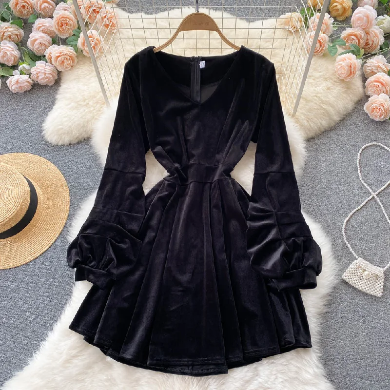 Step Ahead, Lead The Trend Final Clearance Black V Neck Long Sleeve Dress Fashion Dress  10873