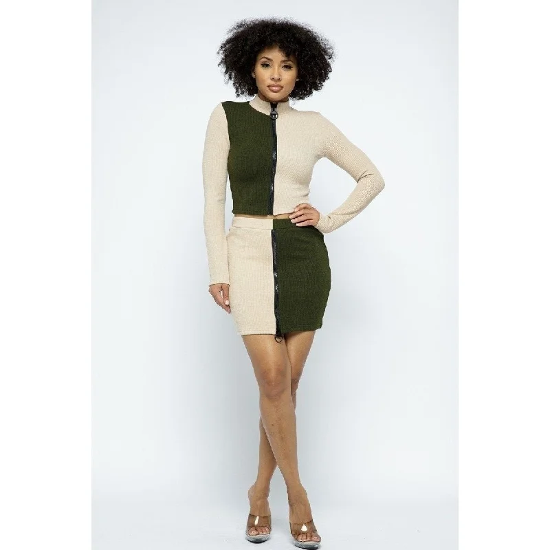 You'Ll Love Us Because Graceful Cut Rib Color Block Mock Neck Long Sleeve HighWaist Mini Skirt With Front Zipper Set