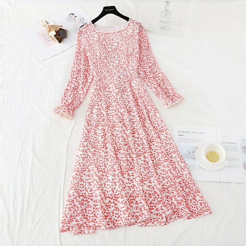 Style Breakthroughs Feminine Flow Small fresh long sleeve square neck thin Floral Chiffon Dress  2419