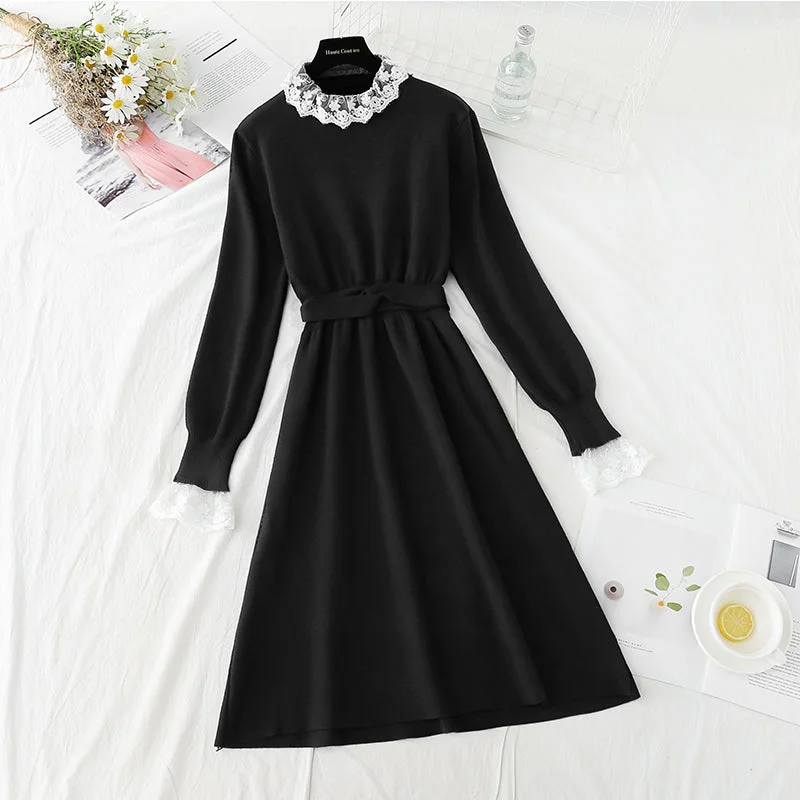 Chic & Cozy Collection Vintage Retro Party Wear Lace stitched knit dress half high neck slim long sleeve  2404