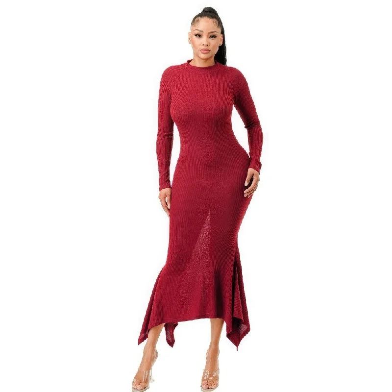 Vintage-Modern Style Offers Everyday Glamour Long Sleeves High Neck Dark Red Soft Faux Wool Long Dress