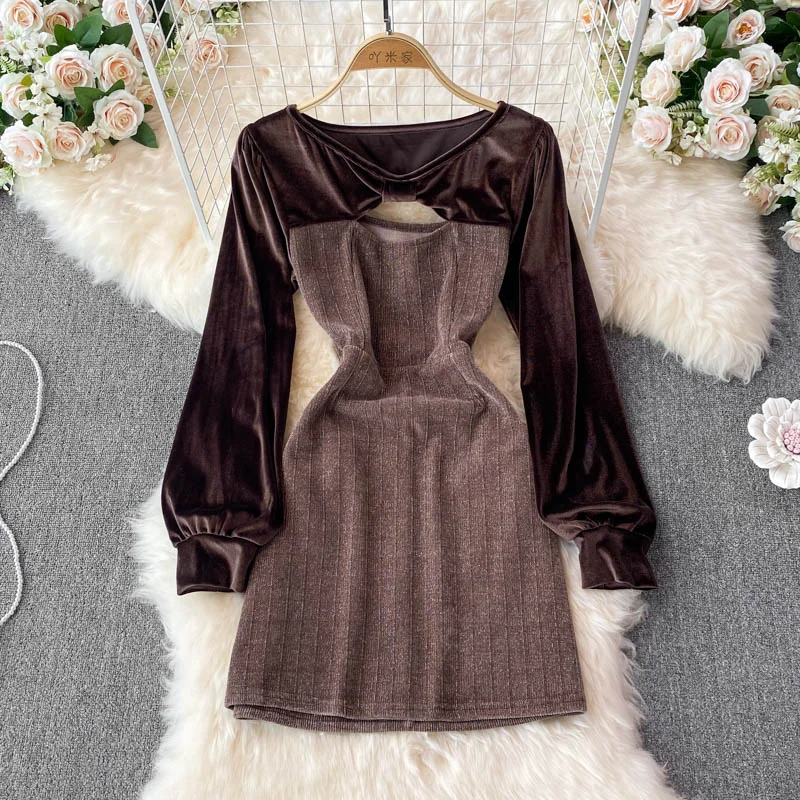 Feminine Luxe Style Sale Luxe Layering Crew neck velvet stitching long sleeve temperament French Vintage Dress  3722