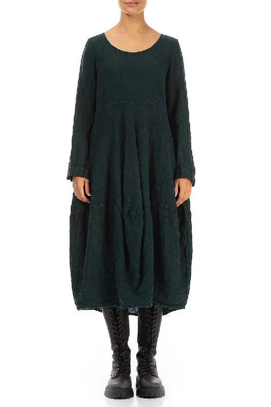 Athleisure Style Sale Boho Chic Balloon Long Sleeves Emerald Mélange Linen Dress