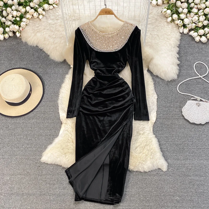 Fall Sale, Prices Drop Classic Timeless Elegant Style Black Velvet Long Sleeve Dress Fashion Dress  10929