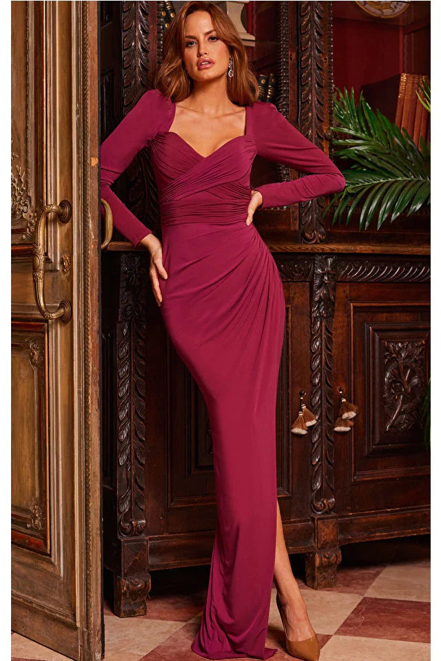 Insane Discount Onslaught Bold Silhouette Jovani 09763 Burgundy Long Sleeve Fitted Evening Dress