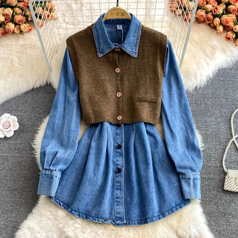 Low Price Special Alluring Design High waist slim long sleeve Lapel denim dress  3378