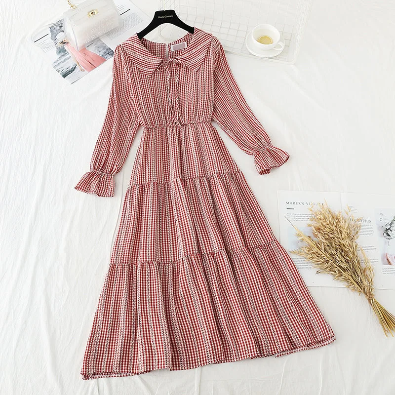 Fashion Forward Elevated Style Long sleeve high waist thin French first love lattice fairy gentle dress  4721