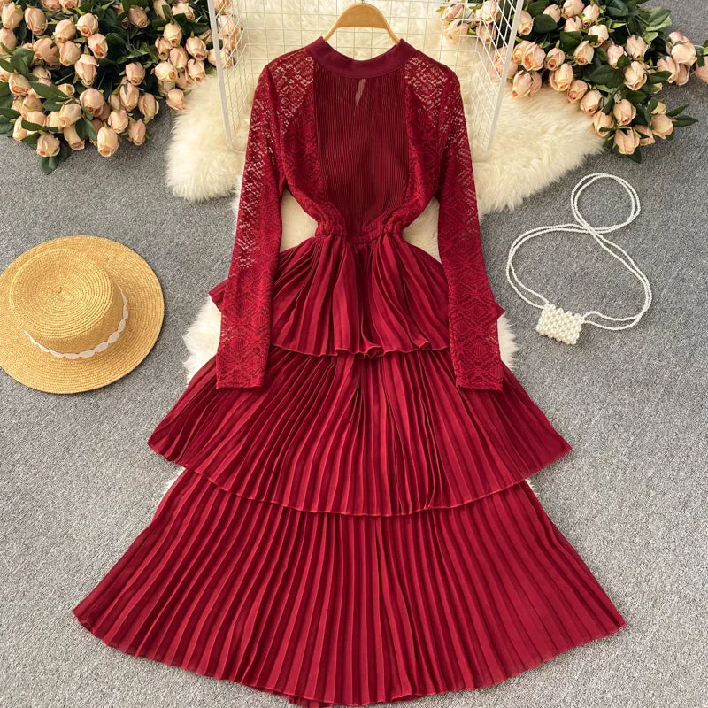 Limited Time Deal Polished Finish A Line Chiffon Lace Long Sleeve Dress Fashion Dress  10720