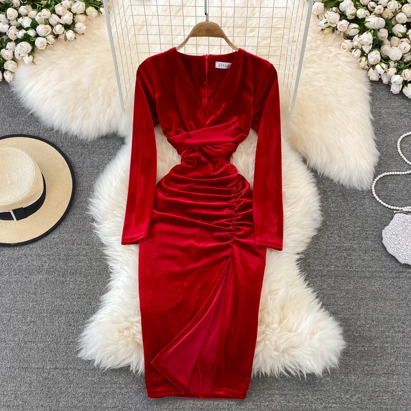 Timeless Elegance Redefined Chic Sophistication Simple V Neck Velvet Long Sleeve Dress Fashion Dress  10827