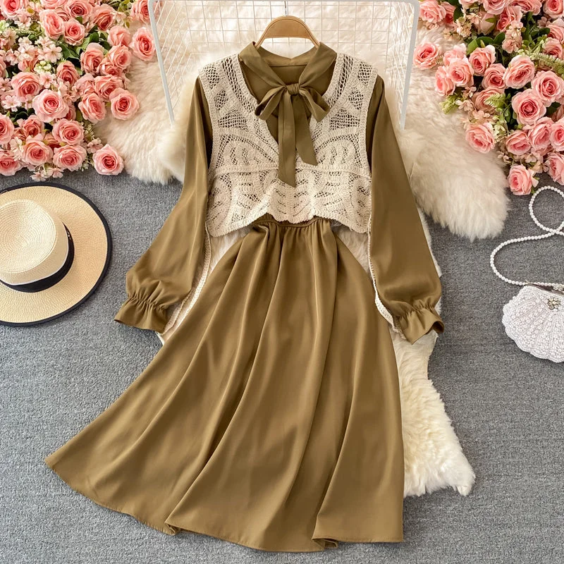 Clearance Sale, All Cheap Refined Look Korean long sleeved bow dress with slim waist  2862