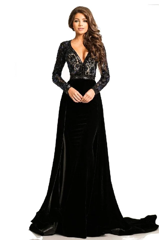 Stylish Savings Contemporary Elegance Johnathan Kayne - 8013 Wide V Neck Shiny Long Sleeve Velvet Dress