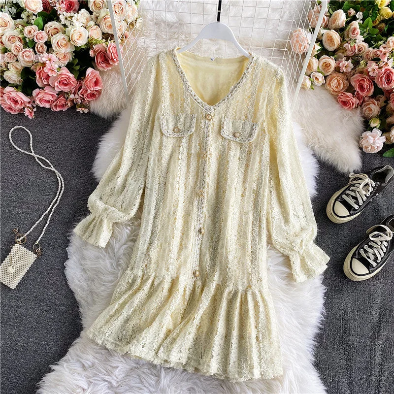 Shop The Hottest Deals Great Deals on Ethnic Cultural Wear Ruffle panel lace flare sleeve French long sleeve V-neck dress  3146