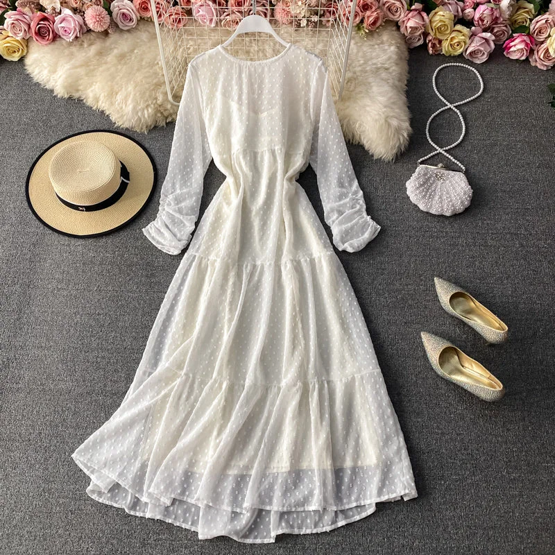 Gift Ideas Minimalist Elegant Narrow waist chiffon dress with long sleeves  3029