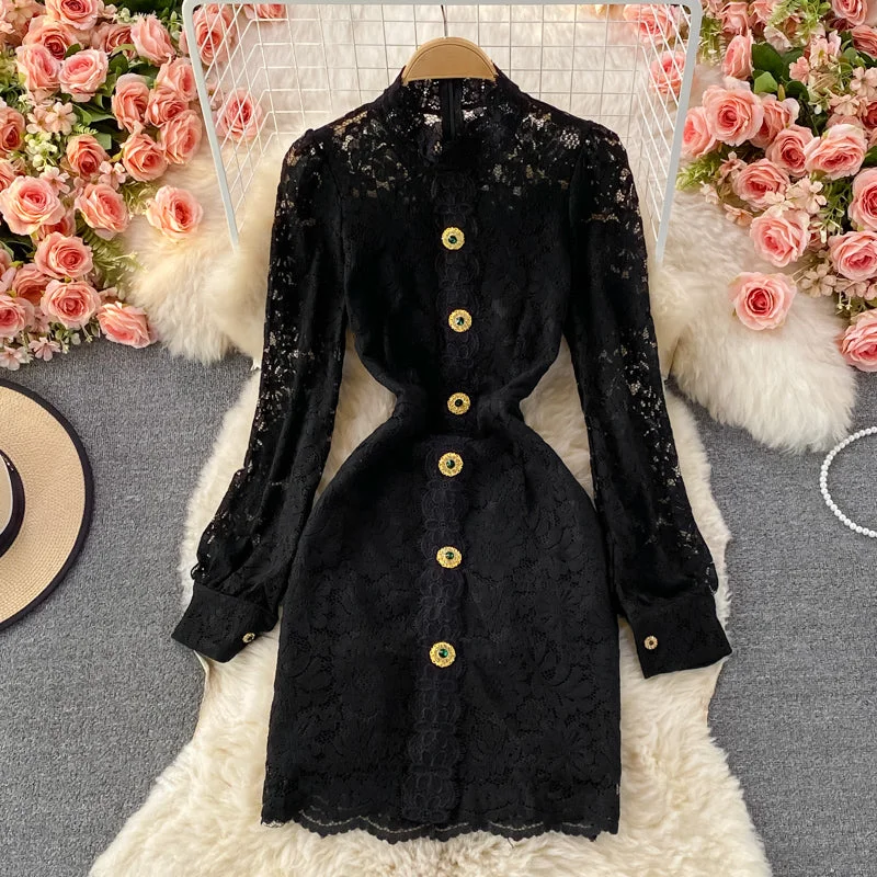 Discount Extravaganza Art Deco Geometric Pattern Look Light luxury medium length stand collar lace Hip Wrap Dress long sleeve  3236