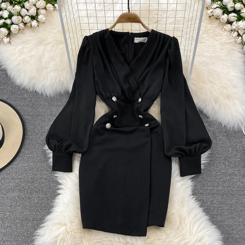 Chic Trend Collection Formal Outfit Black V Neck Long Sleeve Dress Fashion Dress  10843