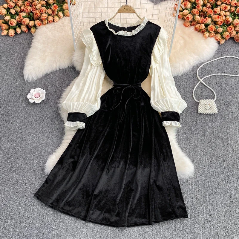 Absurdly Cheap Sale Feminine Flow Black Velvet Long Sleeve Dress Fashion Dress  10954