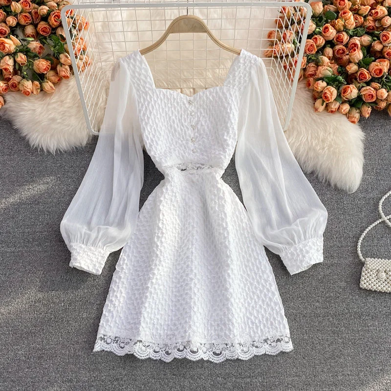 Seasonal Picks Vintage Look Long sleeve temperament waist closing lady square neck Jacquard Dress  3076