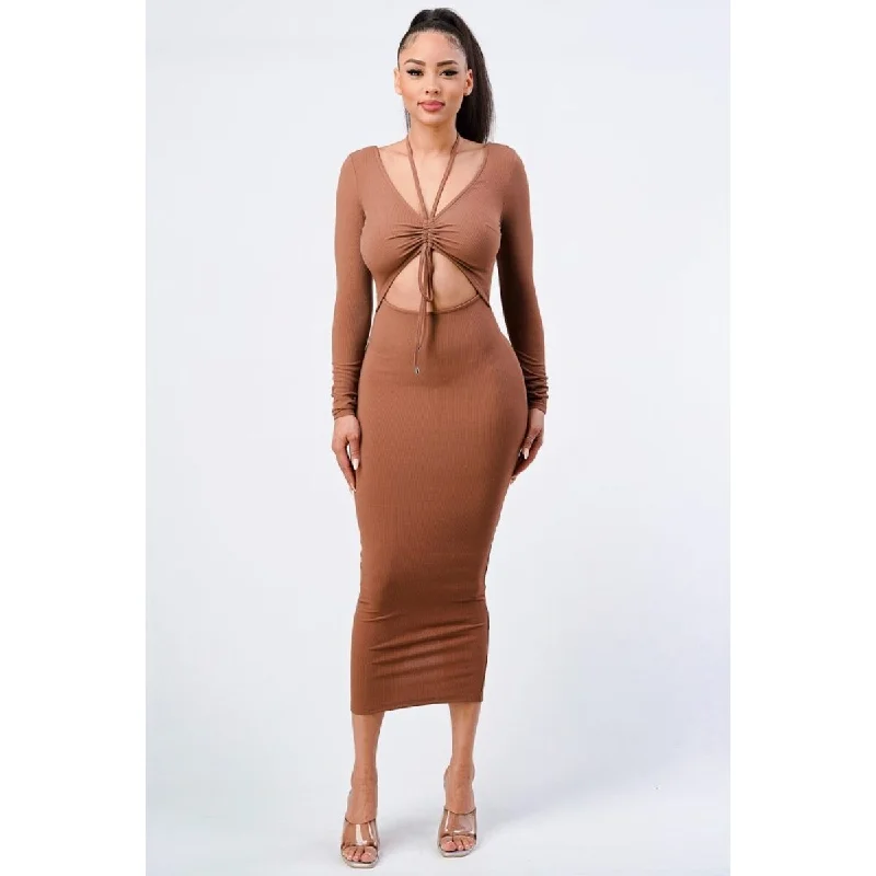 Valentine's Special Disco - Inspired Retro Dance Look Trendy Front Shirring Cut-out Long Sleeved Dress