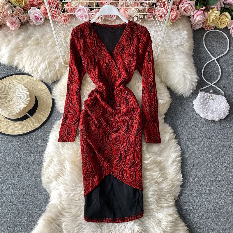 Mega Sales Grab Romantic Date - Night Styles Now V-Neck long sleeve dress slim bottomed Hip Wrap Skirt  3151