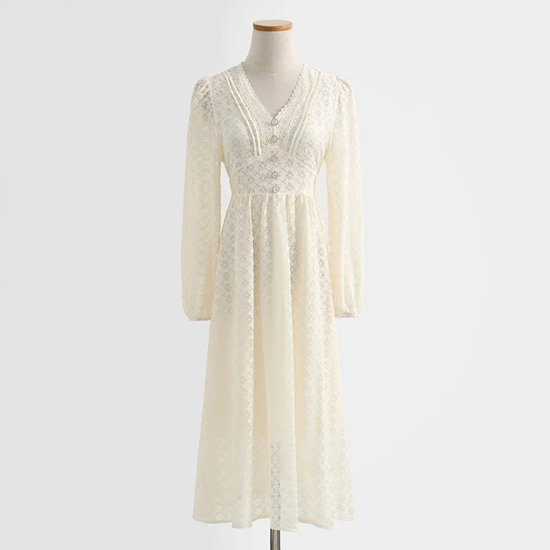 Weekend Exclusive Nordic Minimalist Home Look Dress long sleeved fairy lace skirt with thin waist, retro white first love skirt  2337