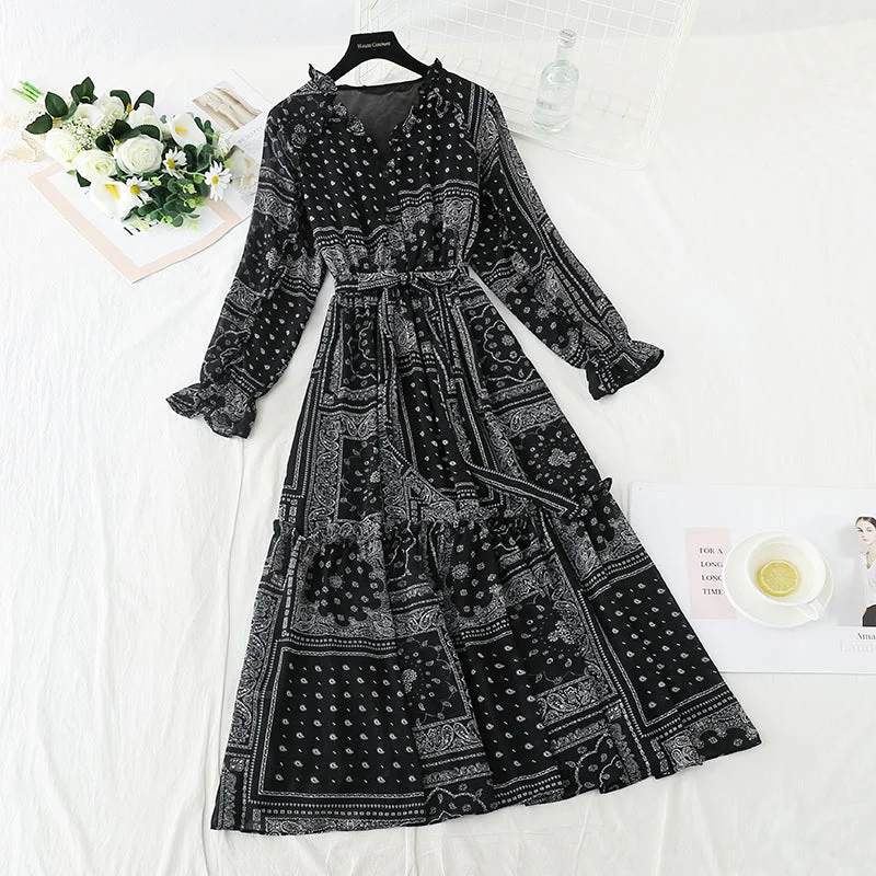 Statement Fashion Offers Vintage Charm Temperament gentle wind long sleeve skirt high thin dress  3914