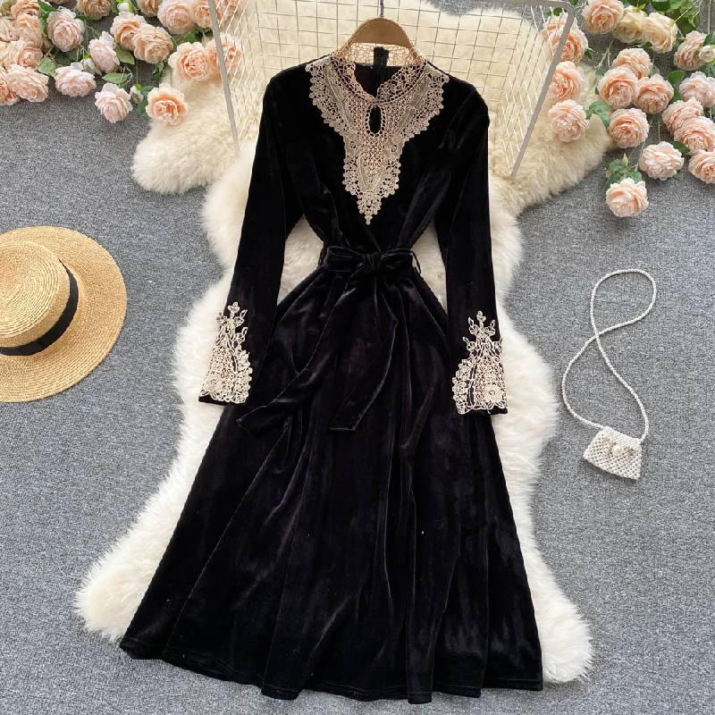 Catch Every Fashion Trend Boho Chic Black Velvet Lace Long Sleeve Dress Fashion Dress  10846