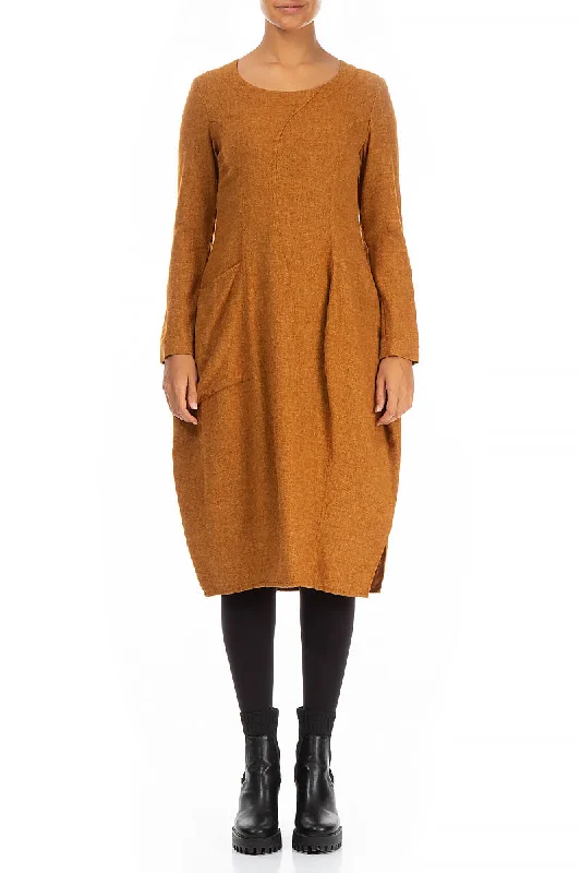 On-Trend Fashion Offers Effortless Comfort Balloon Long Sleeves Yellow Ochre Wool Dress