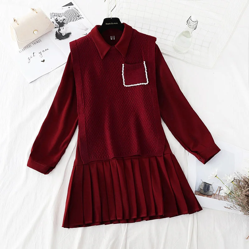 Stylish Looks Seasonal Trend New knitted vest LONG SLEEVE bottomed Pleated Skirt Set  4818