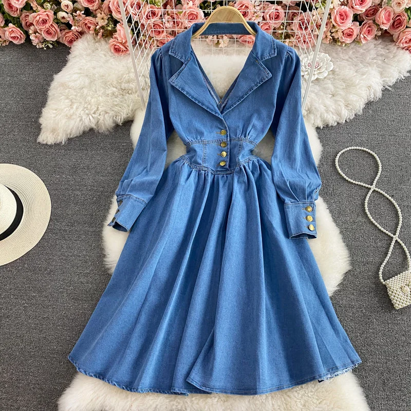 Huge Markdowns Chic Sophistication Temperament Lapel long sleeve backless denim dress  2960